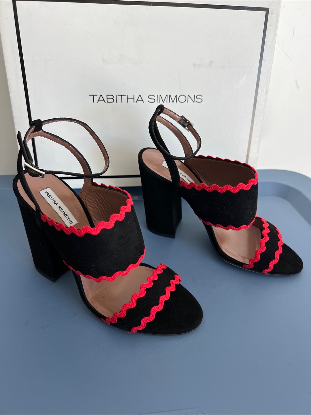Tabitha Simmons stevie ricrac black suede leather open toe sandals heels red